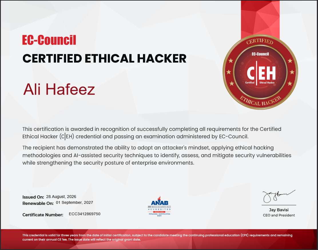 EC-Council CEH certificate issued to Ali Hafeez on 28 August 2026, serial ECC3412869750