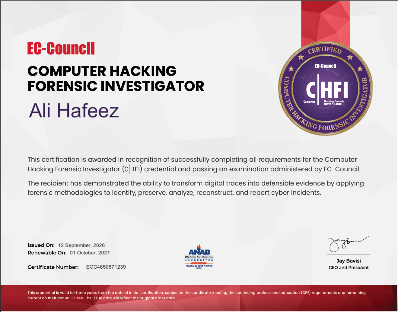 EC-Council CHFI certificate issued to Ali Hafeez on 12 September 2026, serial ECC46508712339